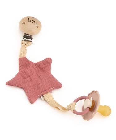 AngelicArt pacifier holder made of muslin star made of muslin fabric/cotton with attachment for pacifiers with engraving (old pink star)