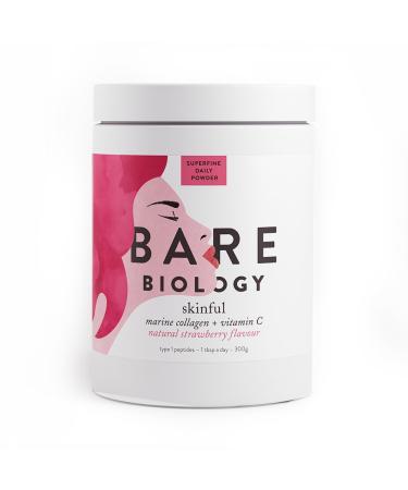 Bare Biology Skinful Marine Collagen Powder with Vitamin C Strawberry Flavour 300g/60 Servings - Pure Sustainable Marine Collagen Peptides for Skin Hair Bones & Joints