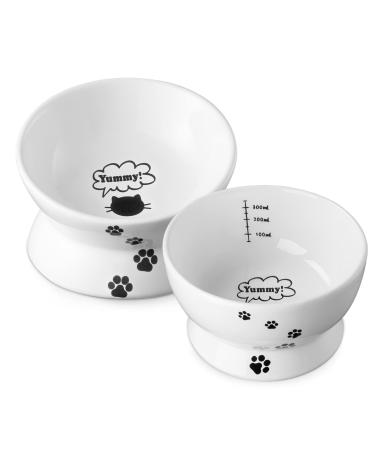 Y YHY Raised Cat Food and Water Bowl Set, Tilted Elevated Cat Food Bowls No Spill, Ceramic Cat Food Feeder Bowl Collection, Pet Bowl for Flat-Faced Cats and Small Dogs, Set of 2 White