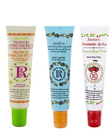 Rosebud Perfume Co. Tube 3 Pack: Tropical Ambrosia Balm Rose & Mandarin Lip Balm Strawberry Lip Balm Mango Strawberry