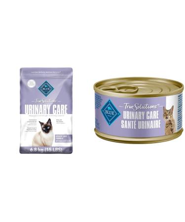 Blue Buffalo True Solutions Natural Urinary Care Dry Cat Food 15-lb & True Solutions Natural Adult Wet Cat Food Urinary Care 85g cans (Pack of 24) Urinary Care Large Bag+Natural Urinary Care 85g cans
