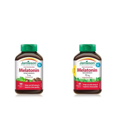 Jamieson Melatonin 5 mg Extra Strength - Chocolate Mint Flavour Fast Dissolving Tablets 100 Count & Melatonin 10 mg Max Strength - Peppermint Flavour Fast Dissolving Tablets 60 Count (Pack of 1)