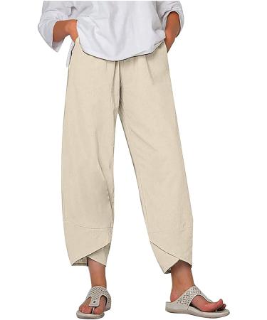DLFE Summer Pants for Women Casual Pockets Cotton Linen Wide Leg Drawstring Elastic Waist Capris Crop Pants 3X-Large 1-beige