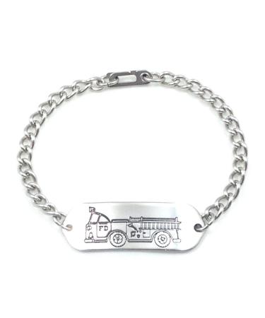 Fire Truck ID Bracelet IDB-04SH - with Sister Hook Clasp - Stainless Steel - Personalized Engraving - Customized Bracelet Length - Child Youth or Adult