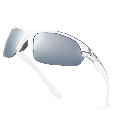 Xagger Polarized Sport Sunglasses for Men Women UV400 Wrap Around Sports Glasses White | Silver Mirror