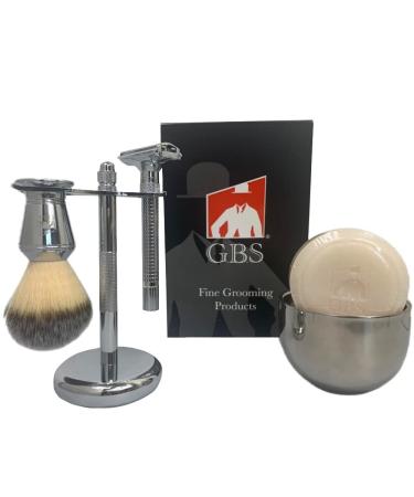 G.B.S Ultimate Wet Shaving Kit Adjustable Butterfly Diamond Knurled Safety Razor Shave Brush Chrome Shaving Soap Bowl Natural Shave Soap Brush and Razor Stand Grooming Set for Men