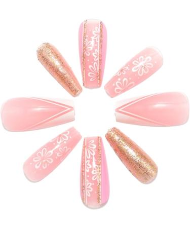 Coffin False Nails Long Fake Nails French Flowers Press on Nails Ballerina Acrylic Stick on Nails 24pcs for Women and Girls (Color : PINK Size : F) - Buy Online on GoSupps.com