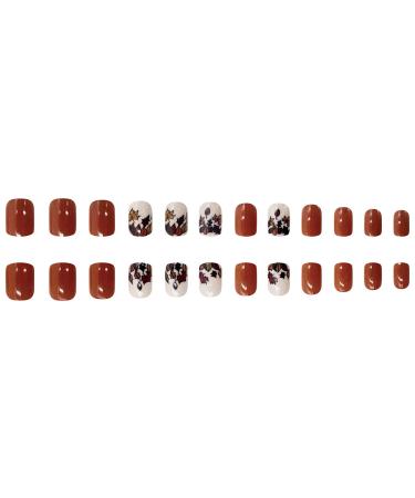 Buy Square Fake Nails - Short Press On Fall Designs with Maple Leaves | Glossy Acrylic Nails for Women - Full Cover Brown Stick On Nails - Buy Online on GoSupps.com