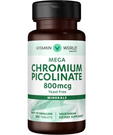 Vitamin World Mega Chromium Picolinate 800 mcg. 180 Tablets Trace Mineral Supplement Yeast-Free Vegetarian Gluten Free