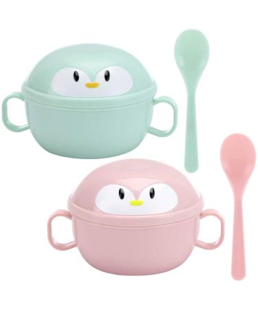 Tomaibaby 2 Sets Baby Feeding Bowls with Spoons Stainless Steel Baby Bowl Penguin Baby Food Container Soup Snack Dinnerware with Handles for Infant Toddler Kids