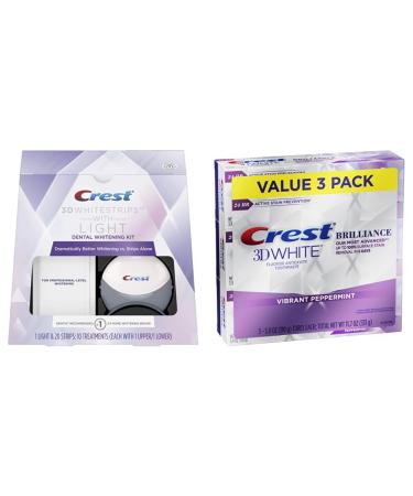 Crest 3D White Whitestrips with Light, Teeth Whitening Strips Kit, 10 Treatments, 20 Individual Strips (Packaging May Vary) and 3D White Brilliance Toothpaste (Pack of 3) Whitestrips Kit & Whitening Toothpaste Bundle