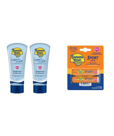 Banana Boat Light As Air Sunscreen Lotion SPF 50 Twin Pack | Lightweight Sunscreen & Sport Ultra SPF 50 Lip Sunscreen Twin Pack | SPF Lip Balm Pack