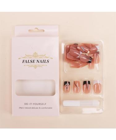 French Press on Nails - Mid length Square Press On Nails with Nail Tips Black and white edges Glitter Rhinestones Design Coral color Glossy press on nails Acrylic False Nails Cute Artificial Nails - Buy Online on GoSupps.com