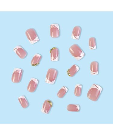 Justotry 24-Piece White Wavy Angular Press-On Nails with Rhinestones | Glossy French Square Fake Nails for Women - Buy Online on GoSupps.com