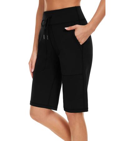 movvoche Women's 12" Bermuda Shorts Athletic Knee Length Running Workout Stretch Pockets Long Shorts Large Black
