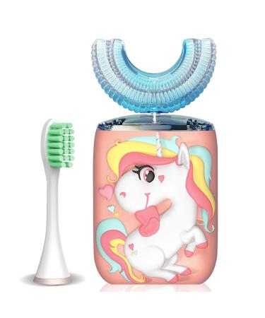Kids Electric Toothbrush, Unicorn Sonic U Shaped Rechargeable Automatic Toothbrushes IPX7 Waterproof 6 Modes Smart Timer 360 Oral Cleaning with Replacement Brush Heads for Child Age 2-7 (2-Pink)