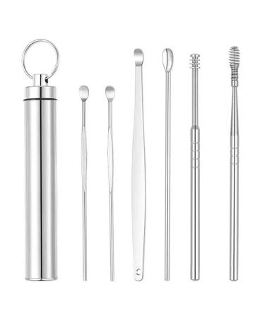 6PCS Ear Wax Removal Portable Ear Spoon Kit with Stainless Steel Spiral Ear Scoop Portable Keychain Ear Digging Spoon for Family & Adults Silver