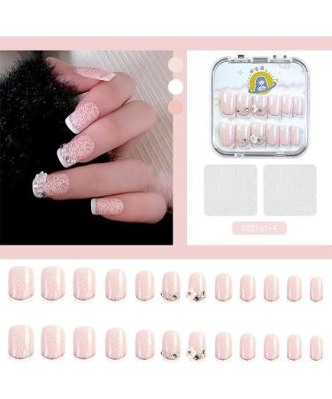 French Tip Press on Nails - Short Square Press On Nails with Nail Tips Camellia Pearl nail Polish Glittering Pink White lines Design Glossy press on nails Acrylic False Nails Cute Artificial Nails - Buy Online on GoSupps.com
