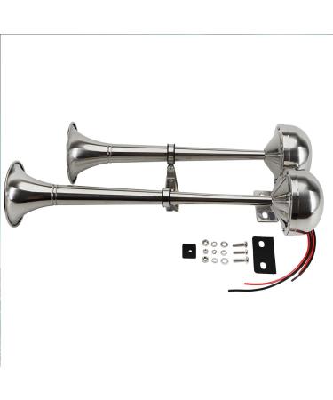 12V Marine Boat Trumpet Horns - Polished Stainless Steel, Low and High Tone, Adjustable Support - Dual Trumpet Set - Buy Online on GoSupps.com