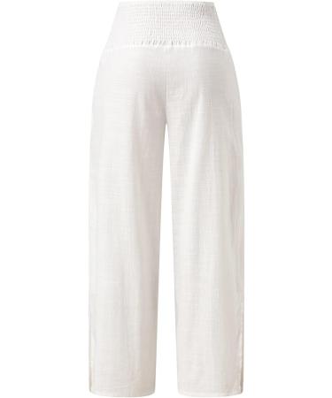 Viyabling Women's Summer Linen Palazzo Beach Pants - Elastic Waist Wide Leg Trousers in White | Medium - Buy Online on GoSupps.com