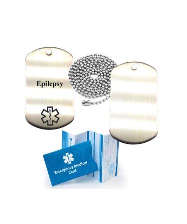 Epilepsy Stainless Steel Medical Alert ID Dog Tag Pendant with 27" Stainless Steel Chain and Medical Card