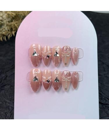 10Pc Blush Powder Almond False Nails Relief Hand drawn Bow Star Design Press on Nails Handmade Full Cover False Nail Tips(Color:2 Size:S)