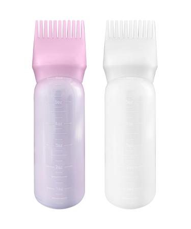 FYJLXF 2Pcs Root Comb Applicator Bottle 6 Ounce Hair Dye Applicator Brush Transparent Applicator Bottle with Graduated scale Hair Coloring Dye and scalp treament essential (Pink)