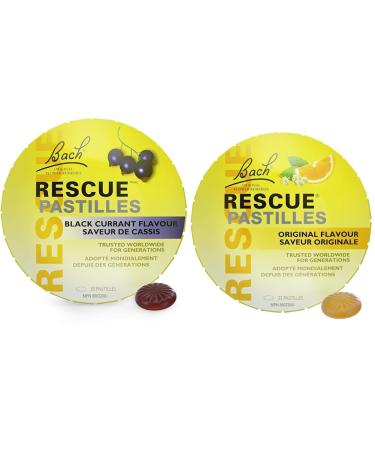 Rescue Remedy Bach RESCUE PASTILLES Black Currant Flavour Lozenges Natural Flower Essence & Rescue Remedy Bach RESCUE PASTILLES Orange and Elderflower Flavour Lozenges