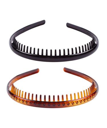 Set of 2 Fashion Plastic Headband Teeth Comb Hairband Hair Hoop Accessory for Women's Lady Girls (Black +Brown)