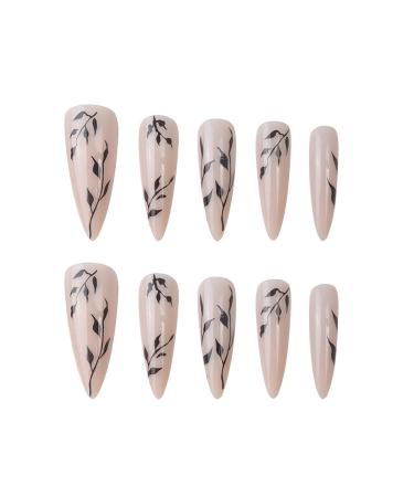 Spring Black Leaf Almond Fake Nails Set - 24Pcs with Nail Glue | Simple Leaves Design for Women and Girls - Buy Online on GoSupps.com