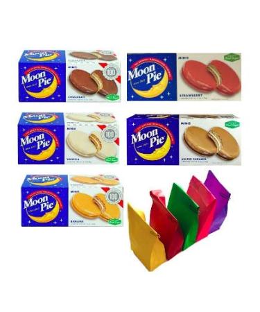 Moon Pie - Complete Variety Pack - All 5 Flavors 5 Boxes Salted Caramel Chocolate Strawberry Banana Vanilla 6 Moon pies per box, 30 pies tota Bonus 5 x Colored Lunch Bags