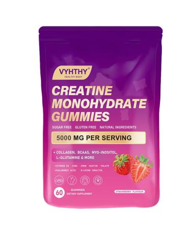 Creatine Monohydrate Gummies with Collagen BCAAs L-Glutamine Biotin Zinc Vitamin D3 & Hyaluronic Acid Daily Pre & Post Workout Recovery Sugar-Free (60 Gummies) 60 Count (Pack of 1)