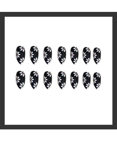 Black Daisy Design Press On Nails - Medium | Full Cover Tips for Women & Girls | Spring/Summer Salon Nail Art - Buy Online on GoSupps.com