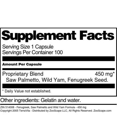 Fenugreek Saw Palmetto and Wild Yam Formula - 450 mg (100 Capsules ZIN: 514008) - Buy Online on GoSupps.com
