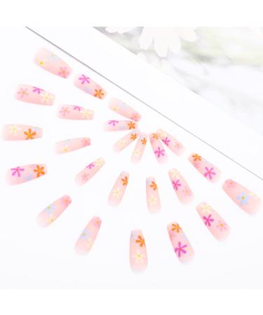 Colorful Matte Long Coffin Press on Nails - Pink Flower Design 24Pcs for Women and Girls - Buy Online on GoSupps.com