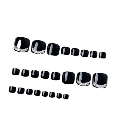 VOTACOS Short Square Press On Toe Nails - Black French Tip with Rhinestones | 24PCS Full Cover Glossy Acrylic Toe Nails for Women - Buy Online on GoSupps.com