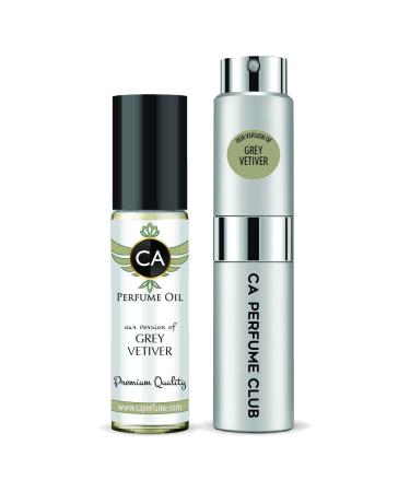 CA Perfume Duo Impression of Ford Grey Vetiver For Men Eau de Parfum Refillable Atomizer Sprayer + Fragrance Body Oil Long Lasting Sample Travel Size Roll-On Bottle 0.27 Fl Oz+0.33 Fl Oz