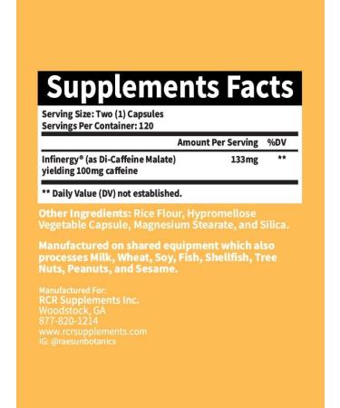 RaeSun Botanics Infinergy Di-Caffeine Malate 133mg Capsules 120ct for Energy Caffeine Pills Sustained Release Long Lasting Focus & Concentration No Crash Nootropic Brain Booster - Buy Online on GoSupps.com