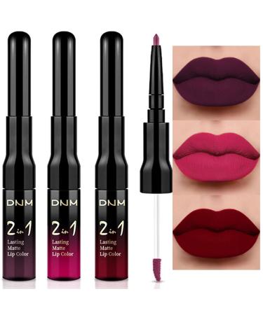 evpct 3Pcs Black Red Matte Lip Liner Pencil and Liquid Lipstick Sets for Women Long Lasting Lipstick 24 Hour Waterproof Dark red Purple Rose pink Lip Stick/Gloss Set labiales mate 24 horas originales 3 Count (Pack of 1) ...