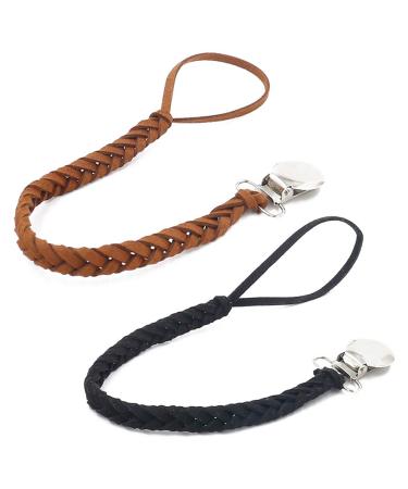 Windy5 Leather Woven Alloy Colorful Pacifier Chain Braided Clip Holder Baby Feeding Teether Accessories (Brown+Black One Size)