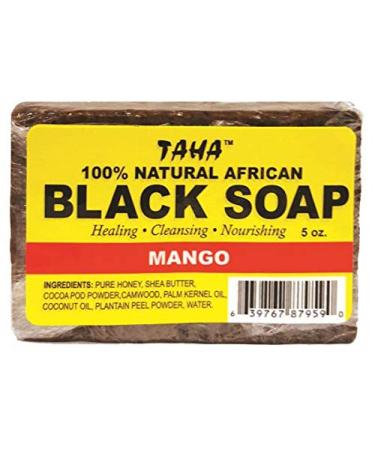 TAHA 100% Natural African Black Soap - Mango 5 oz Pack of 4 Raw Organic Soap for Blemishes Acne Dry Scalp Rich in Vitamins & Antioxidants Cleanse Exfoliate & Moisturize