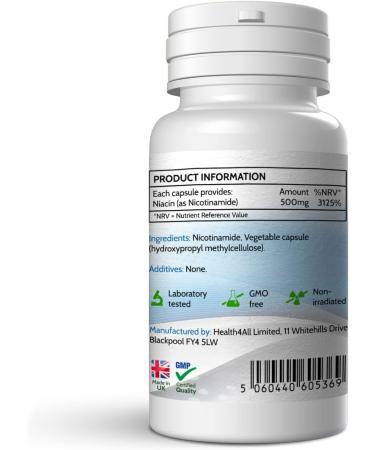 Vegan Vitamin B3 Nicotinamide 500mg 240 Capsules | No-Flush Niacinamide | UK Made by Health4All - Buy Online on GoSupps.com
