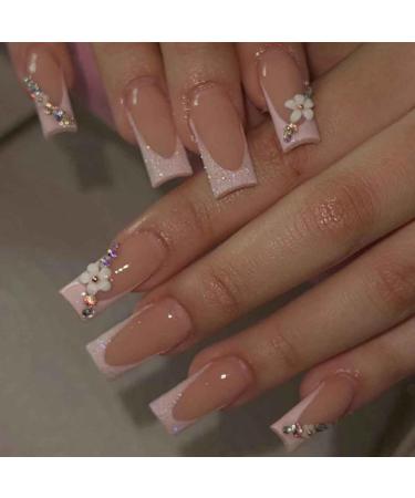 Foccna 3D Flower Fake Nails Square Pink French Press on Nails Long Bling Glossy Rhinestone False Nail Tips Artificial Nails Finger Manicure for Women and Girls 24pcs Nails 5