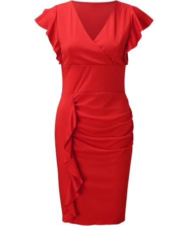 Briskorry V-Neck Floral Business Dress for Ladies - Elegant Summer Party Dress with Ruffled Hem & Sleeveless Design - Vintage Style M Red - Buy Online on GoSupps.com