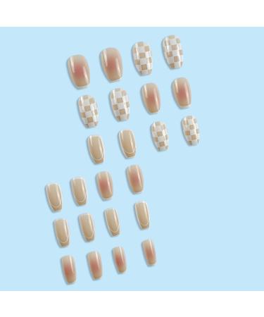 French Tip Press on Nails - Short Press On Nails with Nail Tips Checkerboard Pink False Nails press on nails Acrylic False Nails Cute Artificial Nails - Buy Online on GoSupps.com