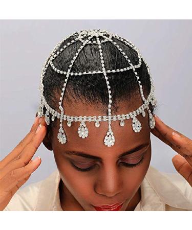 Wekicici Roaring 20s Women Rhinestones Silver Flapper Cap Cleopatra Head Chain Tassel Headpiece Gatsby Themed Party  Events Hair Jewelry