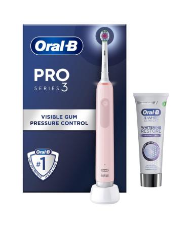 Oral-B Pro 3 Electric Toothbrushes For Adults With Smart Pressure Sensor Christman Gifts For Women / Him 1 Toothbrush Head 1 3D White Whitening Restore Toothpaste 75 ml 2 Pin UK Plug Pink