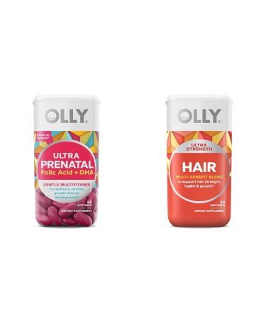 OLLY Ultra Strength Prenatal Multivitamin Softgels Supports Healthy Growth Brain Development & Ultra Strength Hair Softgels Supports Hair Health Biotin Keratin Vitamin D B12