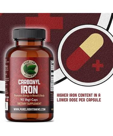 Pure Lab Vitamins Carbonyl Iron 90 Vegan Caps - High Bioavailability with VIT C - Non-Constipating Red Blood Cell Support - Made in Canada - Buy Online on GoSupps.com