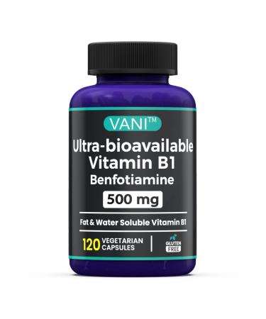 VANI 500MG Benfotiamine with B1, 5X Time Fat & Water Soluble Thiamine B1 Supplement Third Party Tested, No Gluten (120 Capsules)